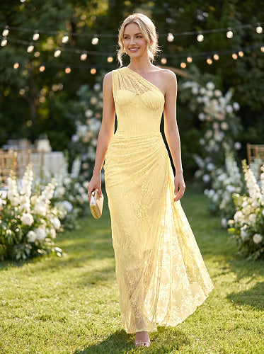 One Shoulder Draped Lace Maxi Dress Yellow HV2677