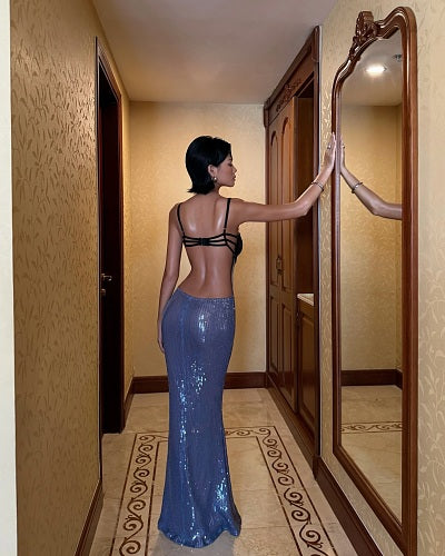 Lace Bustier Backless Sequin Maxi Dress Blue Black HV3009