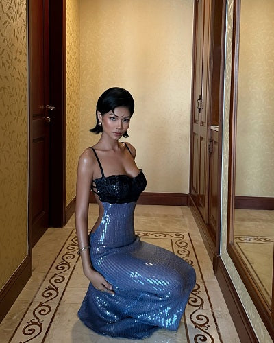 Lace Bustier Backless Sequin Maxi Dress Blue Black HV3009