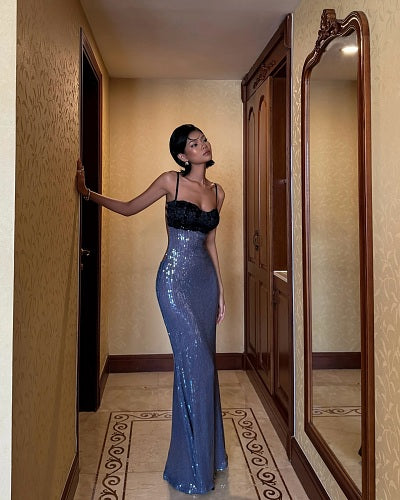 Lace Bustier Backless Sequin Maxi Dress Blue Black HV3009