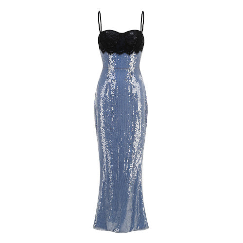 Lace Bustier Backless Sequin Maxi Dress Blue Black HV3009