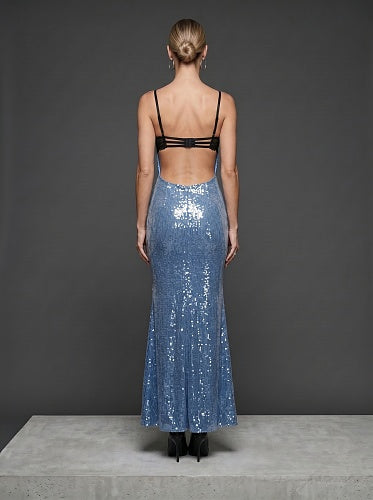 Lace Bustier Backless Sequin Maxi Dress Blue Black HV3009