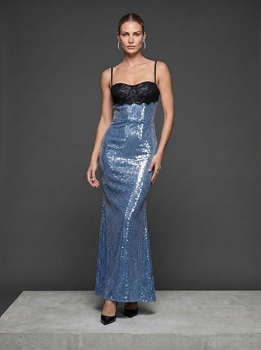 Lace Bustier Backless Sequin Maxi Dress Blue Black HV3009