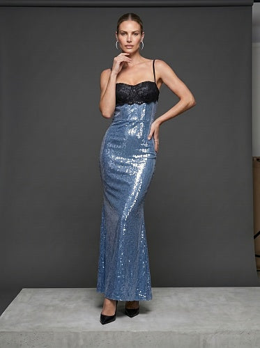 Lace Bustier Backless Sequin Maxi Dress Blue Black HV3009