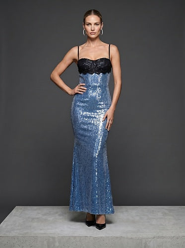 Lace Bustier Backless Sequin Maxi Dress Blue Black HV3009