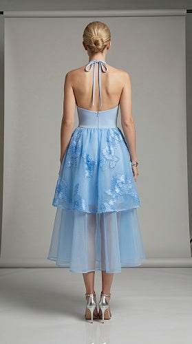 Halter Floral A Line Midi Dress Blue HV3008