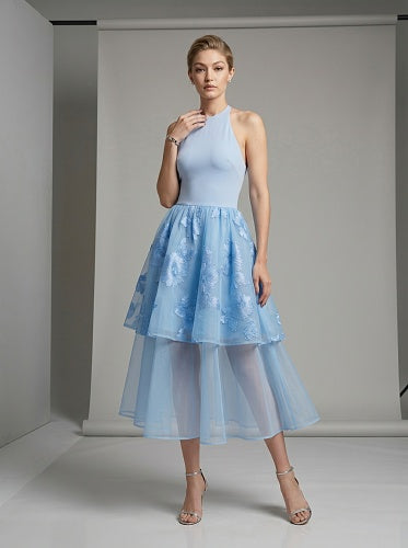 Halter Floral A Line Midi Dress Blue HV3008
