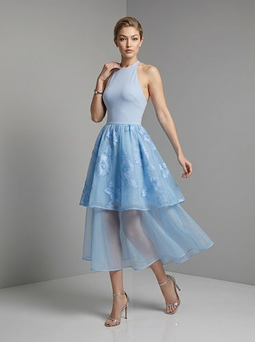 Halter Floral A Line Midi Dress Blue HV3008