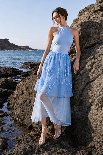 Halter Floral A Line Midi Dress Blue HV3008