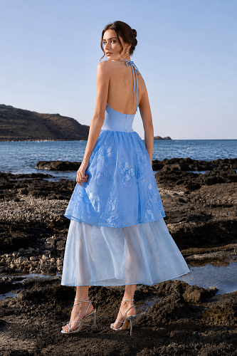 Halter Floral A Line Midi Dress Blue HV3008
