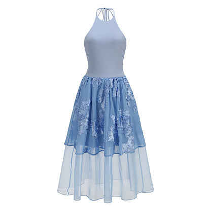 Halter Floral A Line Midi Dress Blue HV3008