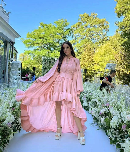 Long Sleeve High Low Ruffle Maxi Dress Pink HV3007
