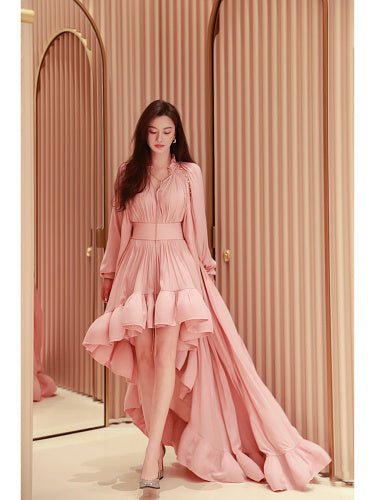 Long Sleeve High Low Ruffle Maxi Dress Pink HV3007