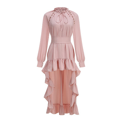 Long Sleeve High Low Ruffle Maxi Dress Pink HV3007