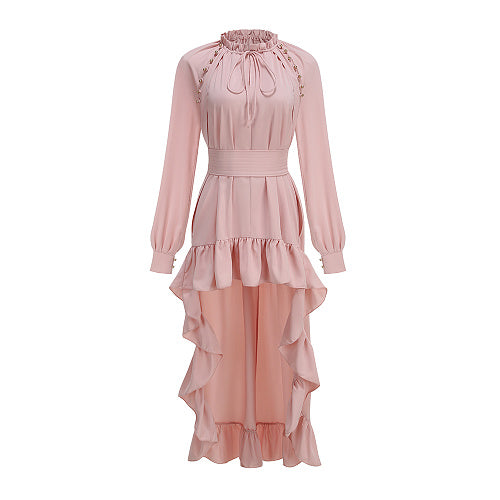 Long Sleeve High Low Ruffle Maxi Dress Pink HV3007