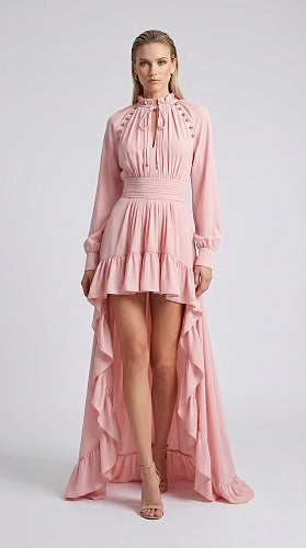 Long Sleeve High Low Ruffle Maxi Dress Pink HV3007