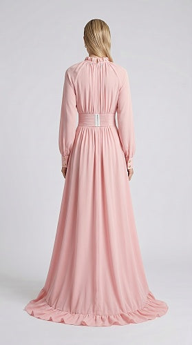 Long Sleeve High Low Ruffle Maxi Dress Pink HV3007
