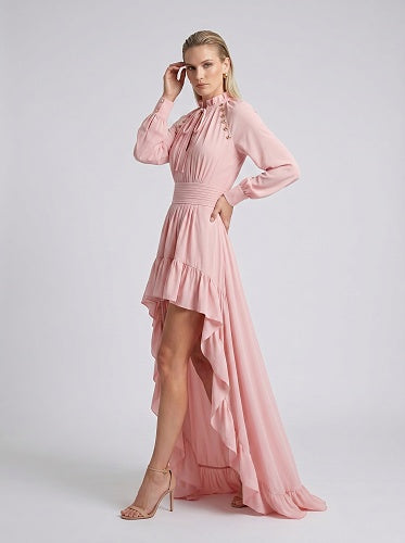 Long Sleeve High Low Ruffle Maxi Dress Pink HV3007