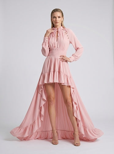 Long Sleeve High Low Ruffle Maxi Dress Pink HV3007