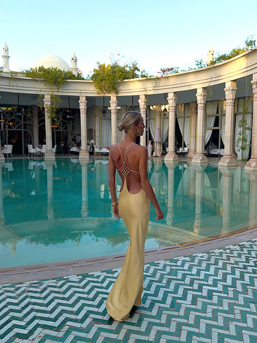 Halter Backless Maxi Dress Gold HV0110
