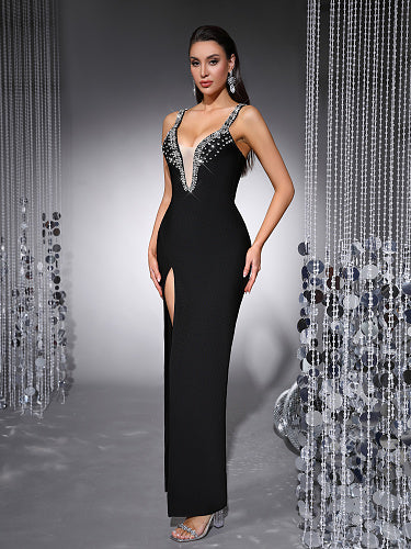 Crystal Embellished V Neck Maxi Dress Black HV3011