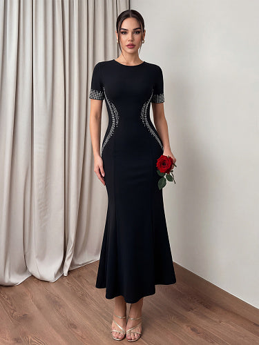 Short Sleeve Crystal Fluted Midi Dress Black HV3012