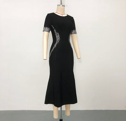 Short Sleeve Crystal Fluted Midi Dress Black HV3012