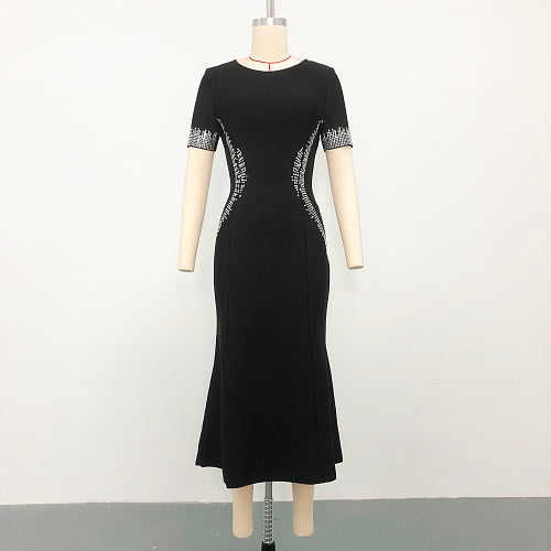 Short Sleeve Crystal Fluted Midi Dress Black HV3012