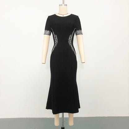 Short Sleeve Crystal Fluted Midi Dress Black HV3012