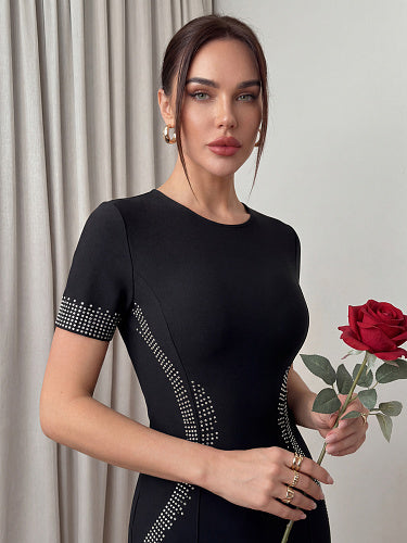 Short Sleeve Crystal Fluted Midi Dress Black HV3012