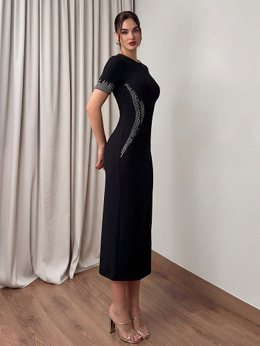 Short Sleeve Crystal Fluted Midi Dress Black HV3012