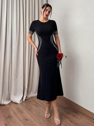 Short Sleeve Crystal Fluted Midi Dress Black HV3012