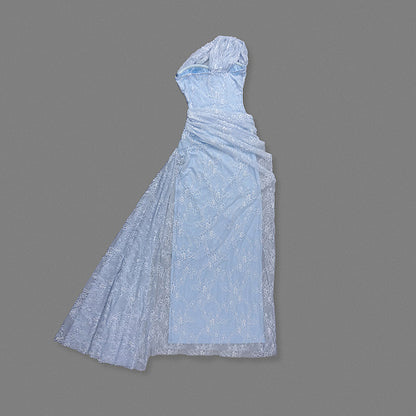 One Shoulder Draped Lace Maxi Dress Light Blue HV2677