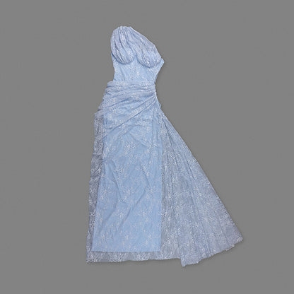One Shoulder Draped Lace Maxi Dress Light Blue HV2677