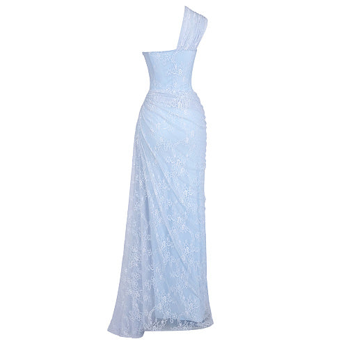 One Shoulder Draped Lace Maxi Dress Light Blue HV2677