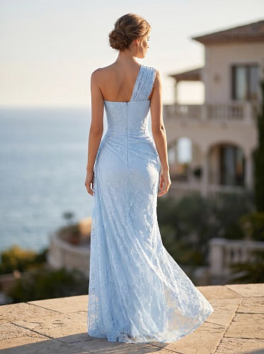 One Shoulder Draped Lace Maxi Dress Light Blue HV2677