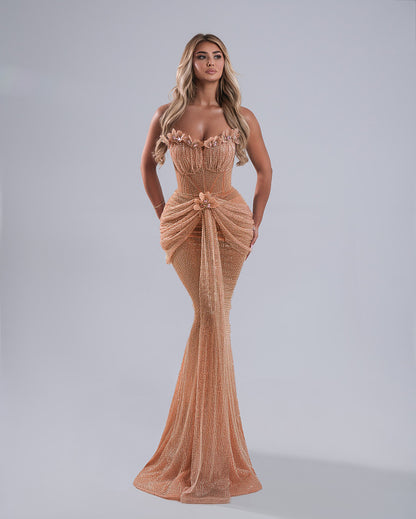 Strapless Bustier Sequin Maxi Dress Coral Pink HV3013