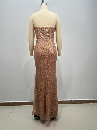 Strapless Bustier Sequin Maxi Dress Coral Pink HV3013