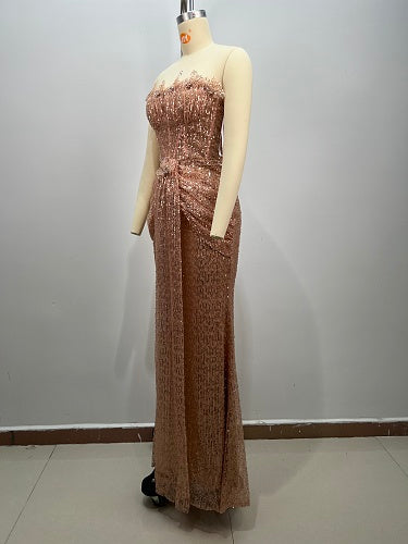 Strapless Bustier Sequin Maxi Dress Coral Pink HV3013