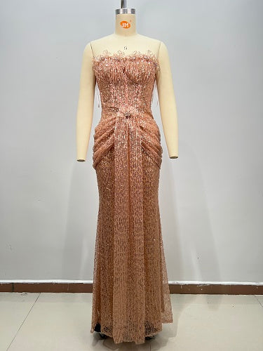 Strapless Bustier Sequin Maxi Dress Coral Pink HV3013