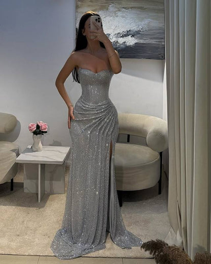 Strapless Draped Maxi Dress Silver HV3014