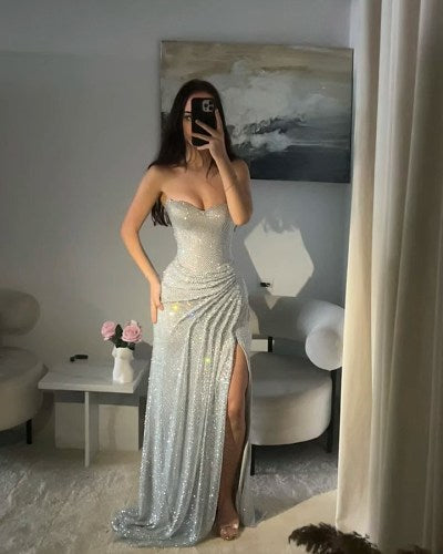 Strapless Draped Maxi Dress Silver HV3014