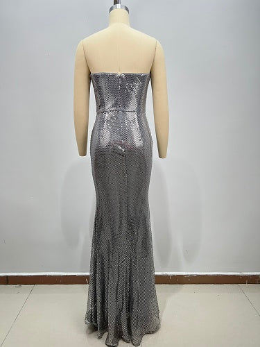 Strapless Draped Maxi Dress Silver HV3014