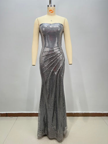 Strapless Draped Maxi Dress Silver HV3014
