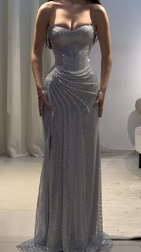 Strapless Draped Maxi Dress Silver HV3014