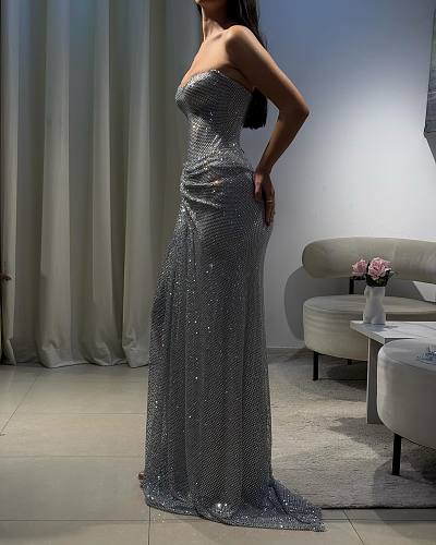 Strapless Draped Maxi Dress Silver HV3014