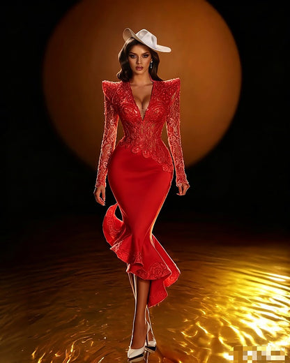 Long Sleeve Sequin Ruffle Midi Dress Red HV3016
