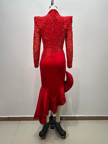 Long Sleeve Sequin Ruffle Midi Dress Red HV3016