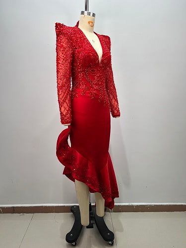 Long Sleeve Sequin Ruffle Midi Dress Red HV3016