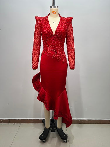 Long Sleeve Sequin Ruffle Midi Dress Red HV3016